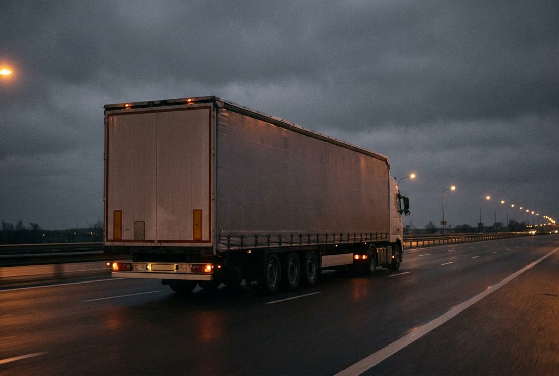 Zestaw z naczepą kurtynową na drodze ekspresowej o zmierzchu