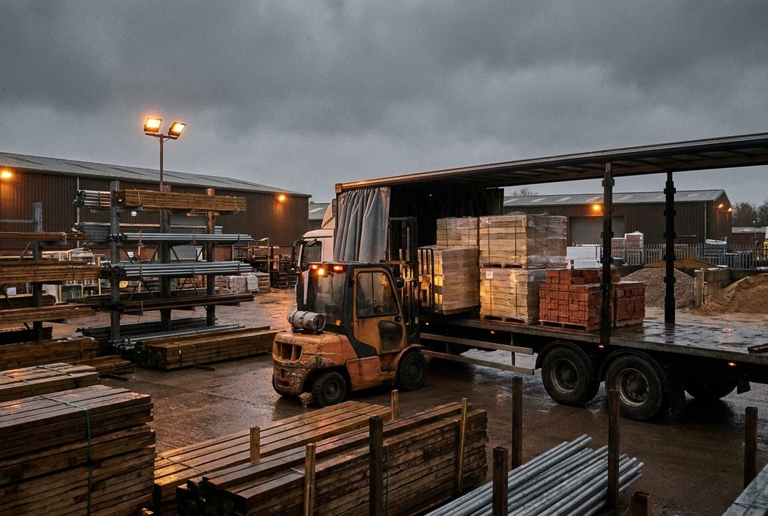 Wózek widłowy ładuje palety na auto na placu składu materiałów budowlanych